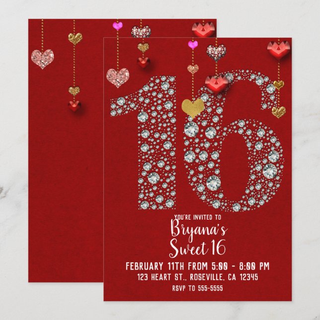 Diamond 16 Valentine's Hearts Birthday Party Invitation (Front/Back)
