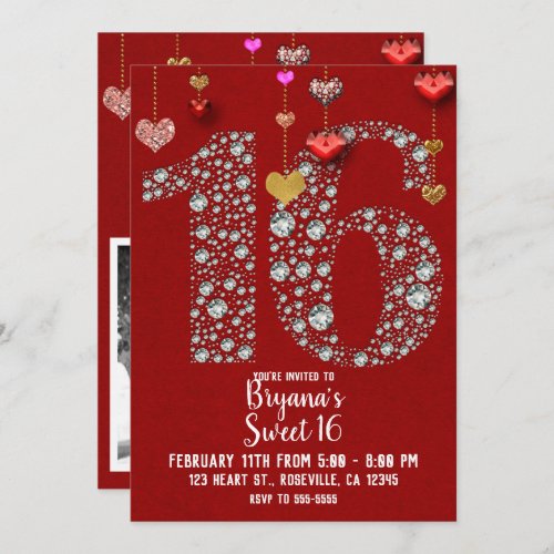 Diamond 16 Valentines Hearts Birthday Party Photo Invitation