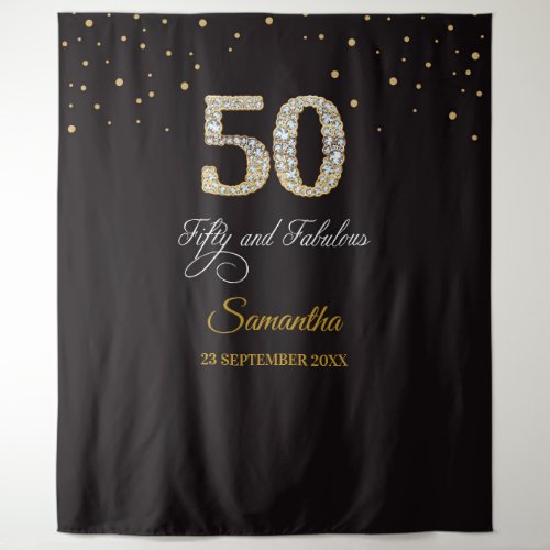 Diamond 50th Birthday Party Tapestry Backdrop Gold