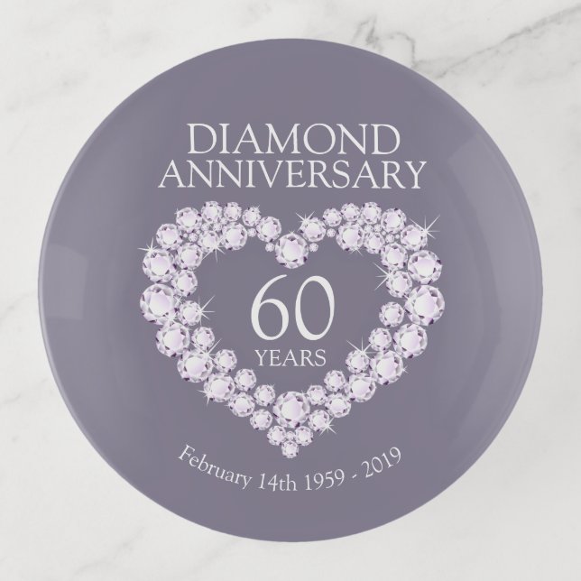 Diamond 60th anniversary custom date gift trinket tray (Front)