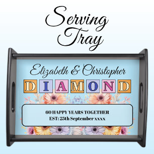 Diamond 60th Anniversary floral names blue Serving Tray