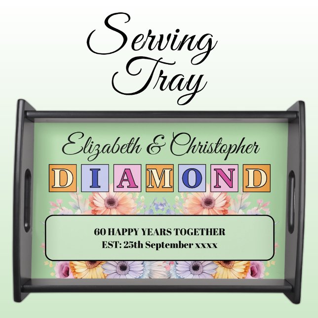 Diamond 60th Anniversary floral names green Serving Tray (Creator Uploaded)