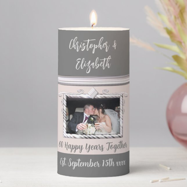 Diamond 60th anniversary grey pink photo pillar candle (In Situ)