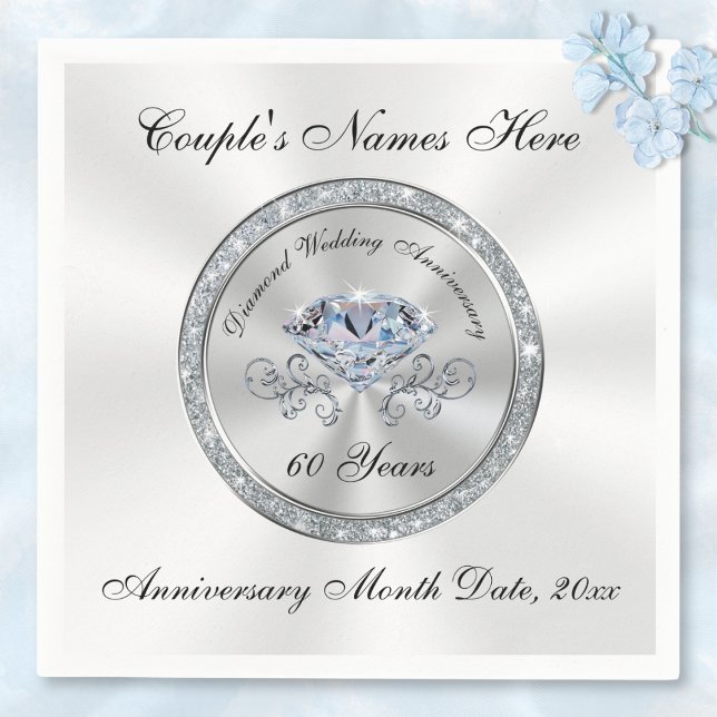 Diamond, 60th Anniversary Napkins Personalized (60th Anniversary Napkins. Personalised Diamond Anniversary Party Supplies. 60th wedding anniversary.)