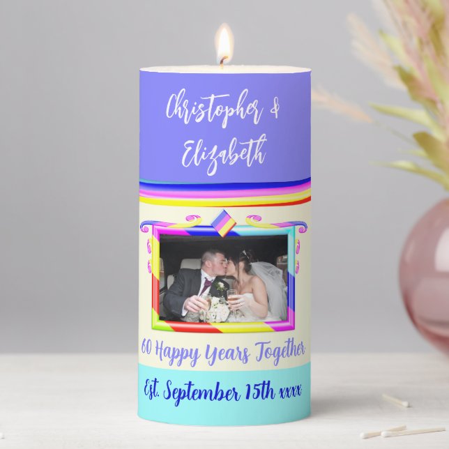 Diamond 60th anniversary purple blue add photo pillar candle (In Situ)