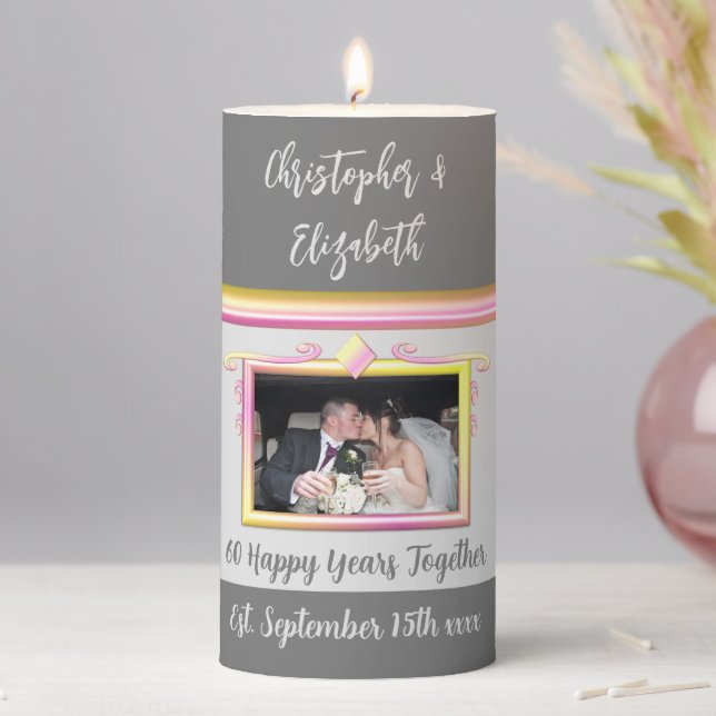 Diamond 60th anniversary yellow grey add photo pillar candle (In Situ)