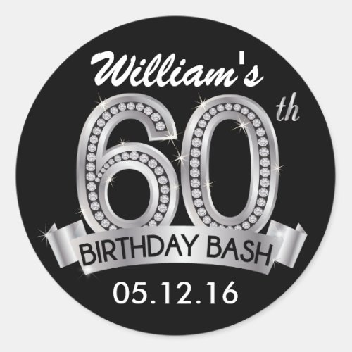 Diamond 60th Birthday Stickers  Black and Silver