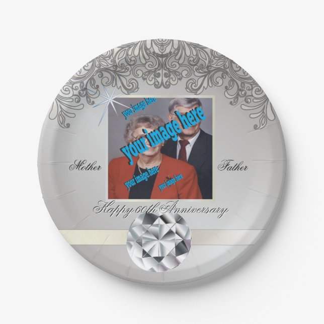 Diamond 60th Wedding Anniversary Disposable Paper Plates (Front)
