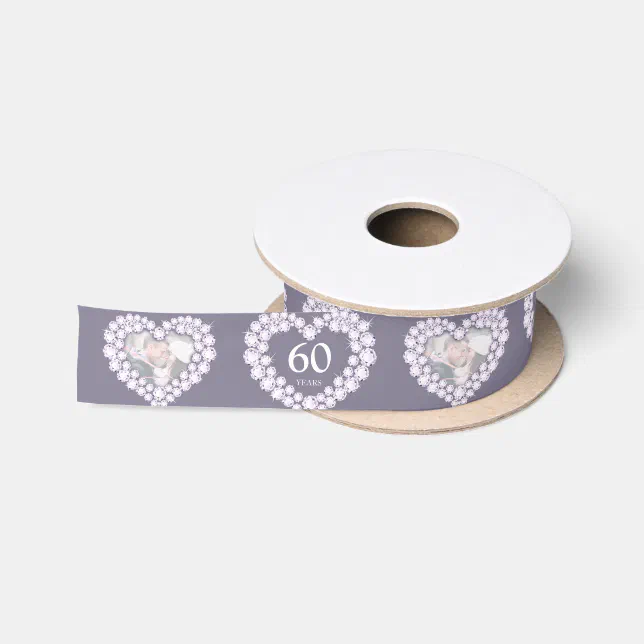 Diamond 60th wedding anniversary photo heart satin ribbon | Zazzle