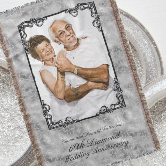 Diamond 60th Wedding Anniversary Photo Monogram Throw Blanket (Creator Uploaded)