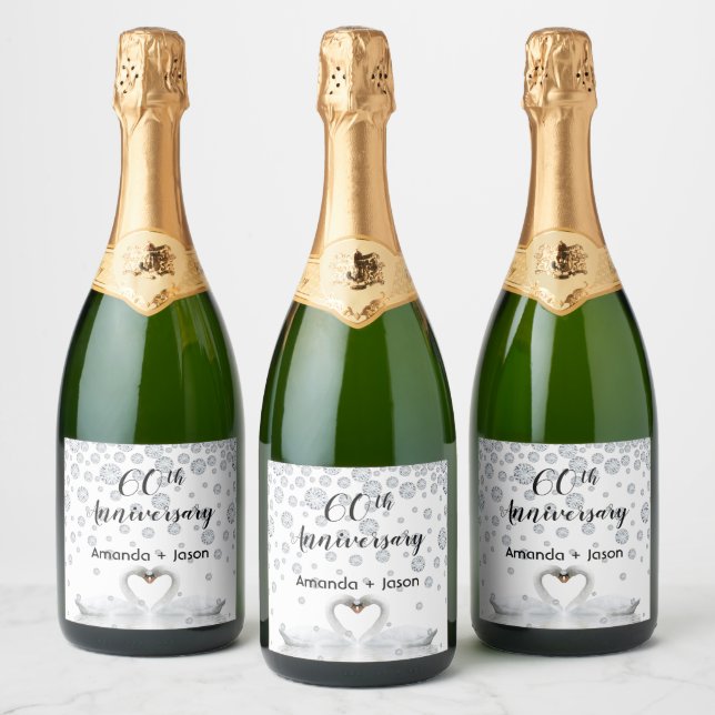 Diamond 60th wedding anniversary white swans sparkling wine label (Bottles)