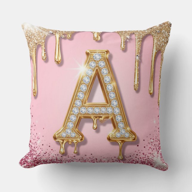 Diamond A Pink Glitter Gold Frame Monogram Throw Pillow (Front)