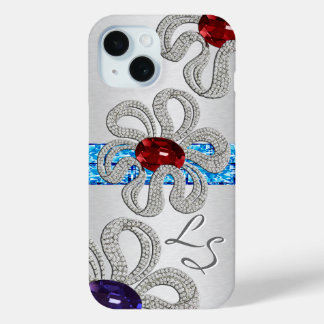 Diamond and Gem Encrusted Flowers - Monogrammed iPhone 15 Case
