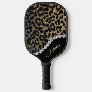 Diamond and Leopard Glitter Add Name Pickleball Paddle