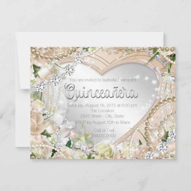 Diamond and Pearl White Rose Quinceanera Invitation (Front)