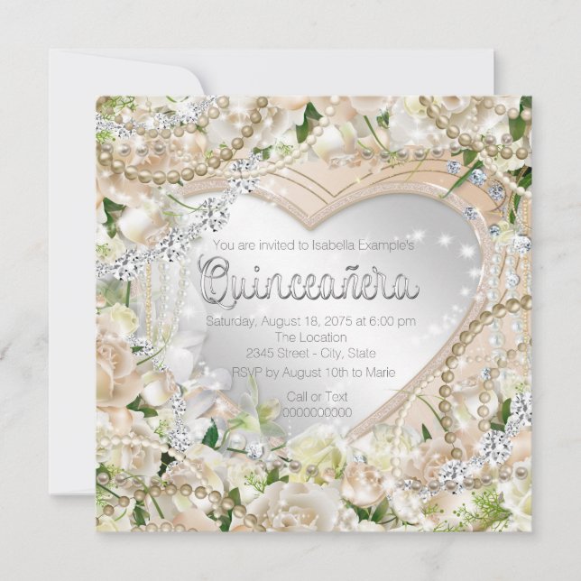 Diamond and Pearl White Rose Quinceanera Invitation (Front)
