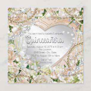 Diamond and Pearl White Rose Quinceanera Invitation