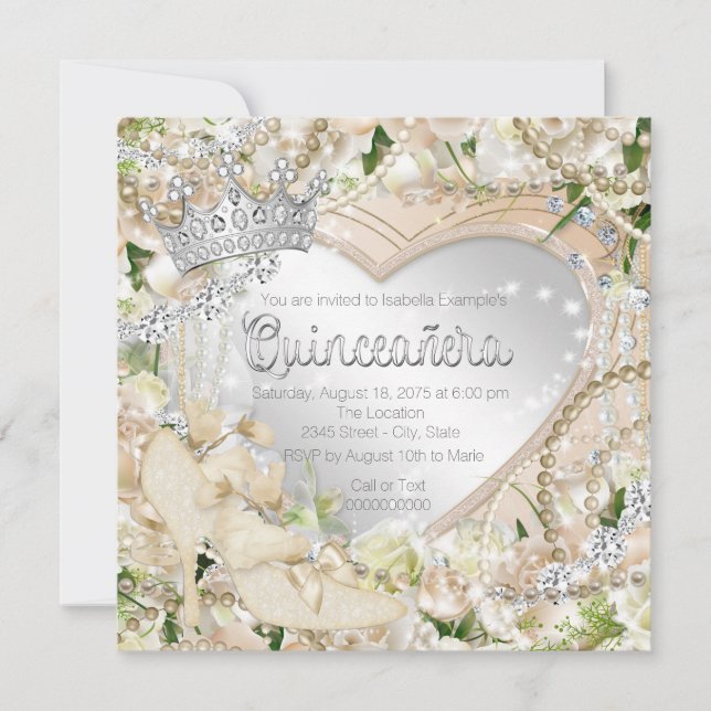 Diamond and Pearl White Rose Quinceanera Invitation (Front)