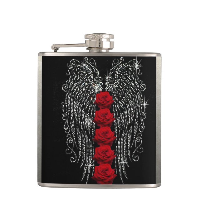 Diamond Angel Wings & Red Roses Flask (Front)