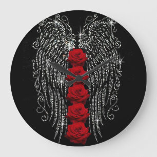 Diamond Angel Wings & Red Roses Large Clock