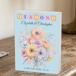Diamond Anniversary 60 years flowers blue Wooden Box Sign