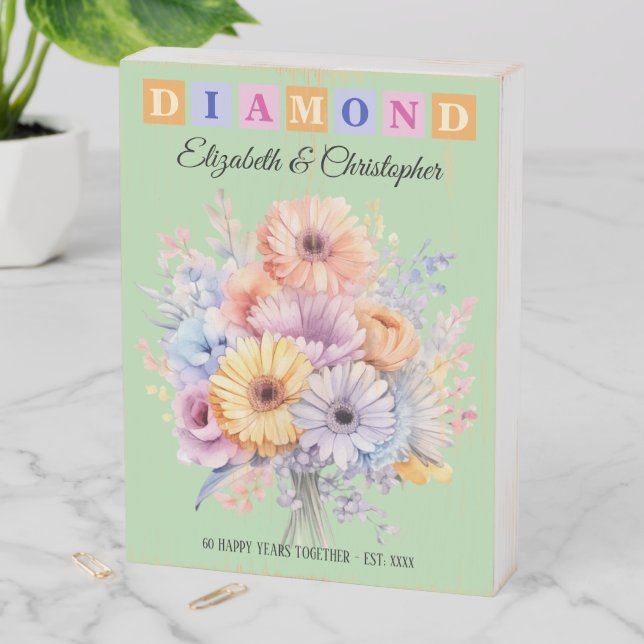 Diamond Anniversary 60 years flowers green Wooden Box Sign (In Situ Vertical)