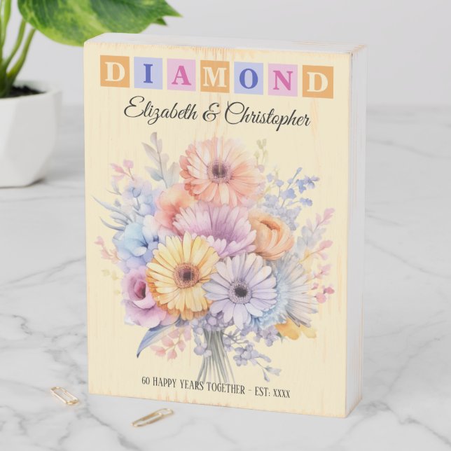 Diamond Anniversary 60 years flowers peach Wooden Box Sign (In Situ Vertical)
