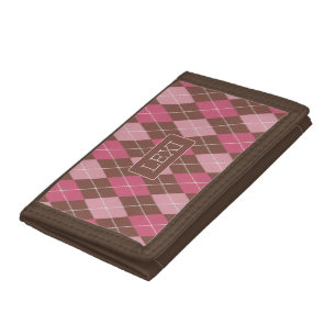 Diamond Argyle Pattern - Custom Name Pink / Brown Trifold Wallet