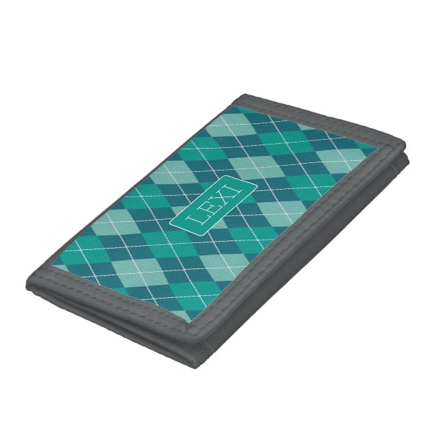 Diamond Argyle Pattern - Custom Name Teal Greens Trifold Wallet (Bottom)