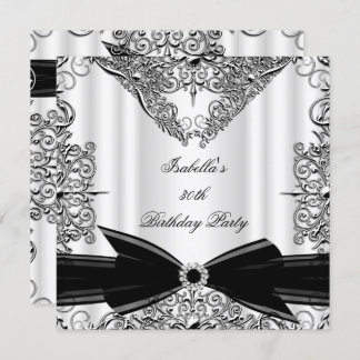 Diamond Black Bow Silver Birthday Party Invitation