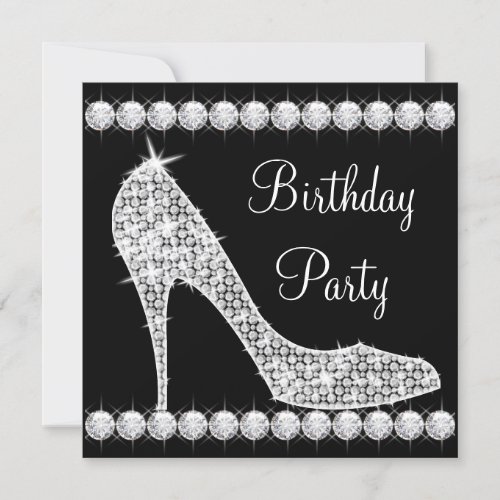 Diamond Black High Heel Shoe Birthday Party Custom Invites
