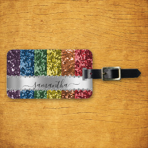 Diamond Bling Glitter Calligraphy Name Rainbow Luggage Tag