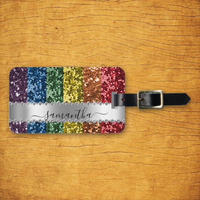 Diamond Bling Glitter Calligraphy Name Rainbow Luggage Tag (Creator Uploaded)