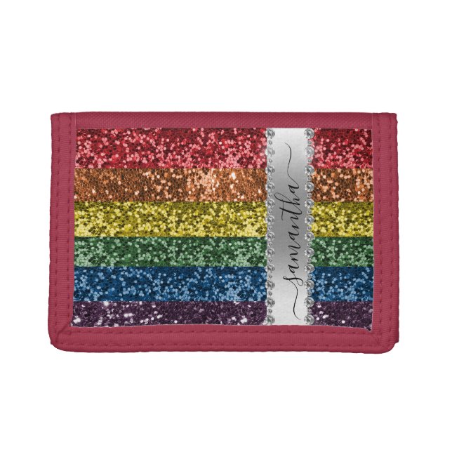 Diamond Bling Glitter Calligraphy Name Rainbow  Trifold Wallet (Front)