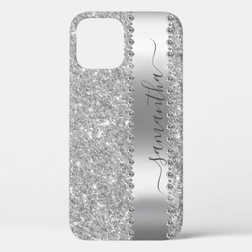 Diamond Bling Glitter Calligraphy Name Silver iPhone 12 Pro Case