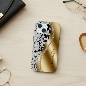 Diamond Bling Gold Metal Personalized Script  iPhone 15 Case