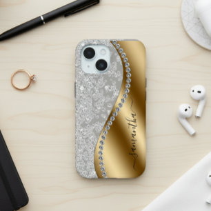 Diamond Bling Gold Metal Personalized Script iPhone 15 Case