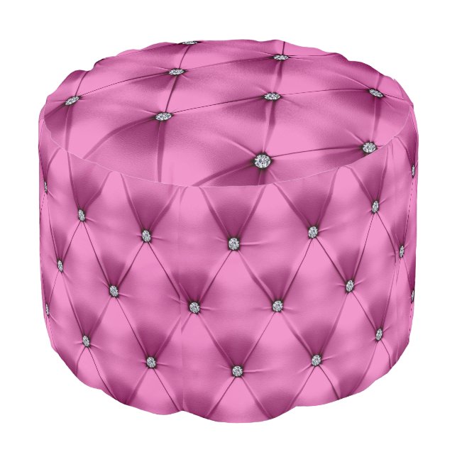 Diamond Bling Hot Pink Leather Tufted Pouf (Angled Front)