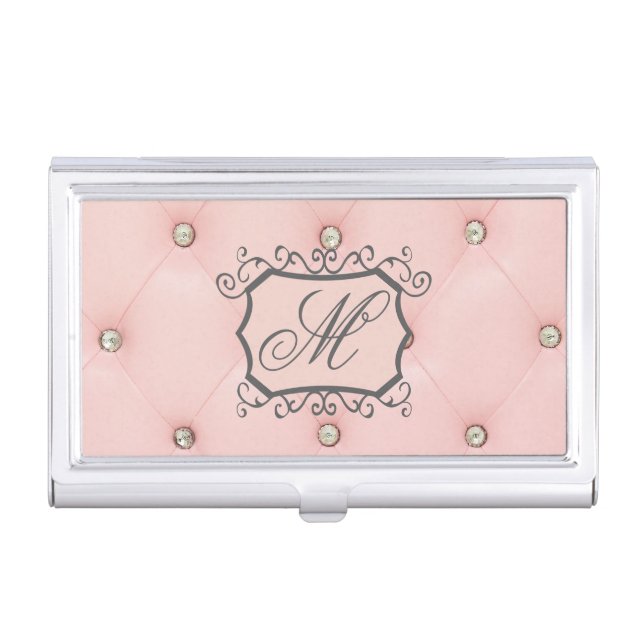 Diamond Bling Pink Monogram Business Card Hold Holder (Front)