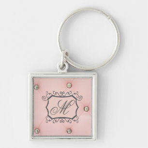 Diamond Bling Pink Tufted Leath Monogram Key Chain