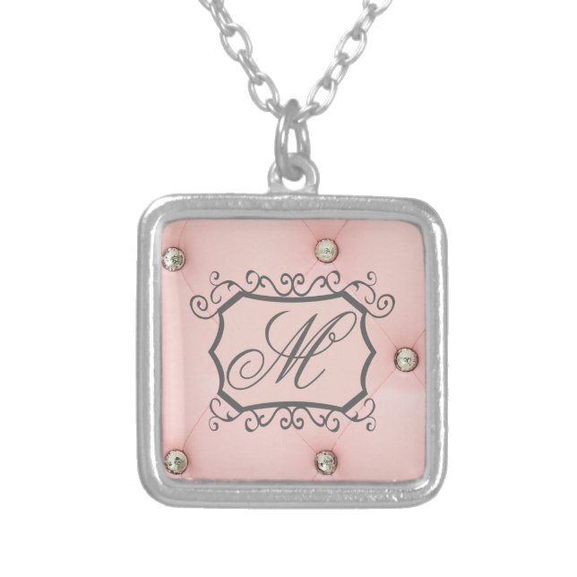 Diamond Bling Pink Tufted Leathe Monogram Necklace (Front)