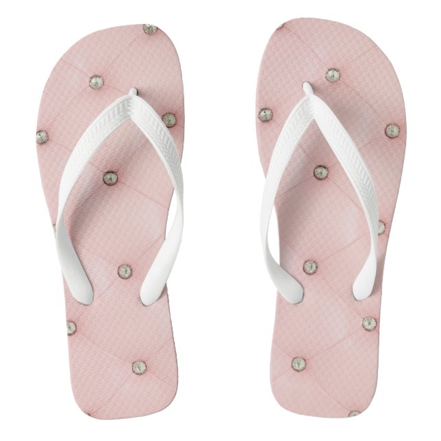 Diamond Bling Pink Tufted Leather Flipflop Sandals (Footbed)