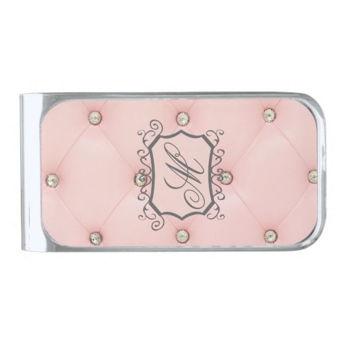 Diamond Bling Pink Tufted Leather Jewel Money Clip