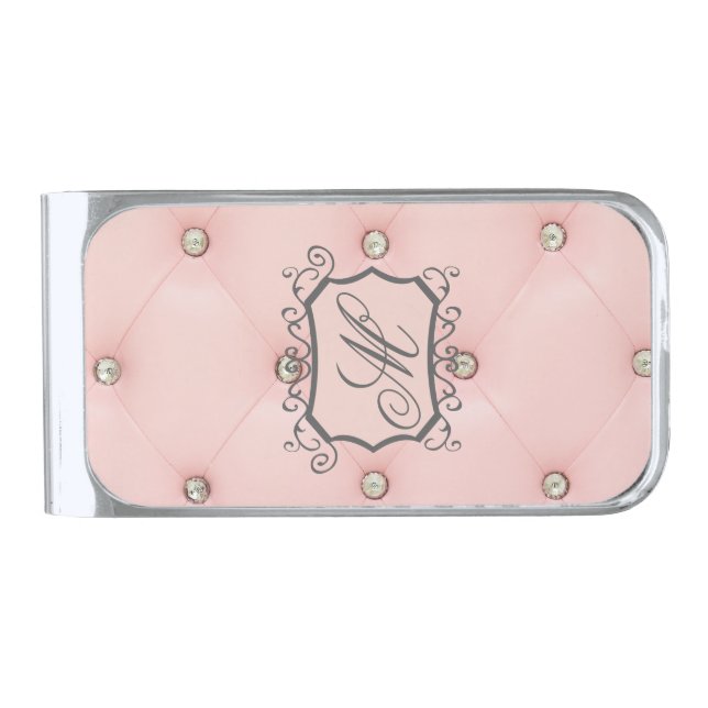 Diamond Bling Pink Tufted Leather Jewel Money Clip (Front)