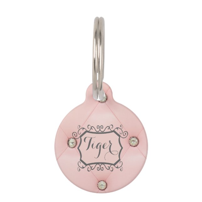 Diamond Bling Pink Tufted Leather Pet Name Tag (Front)