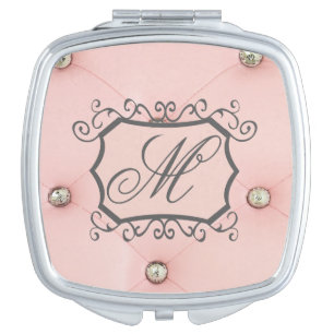 Diamond Bling Pink Tufted Monogram Compact Mirror