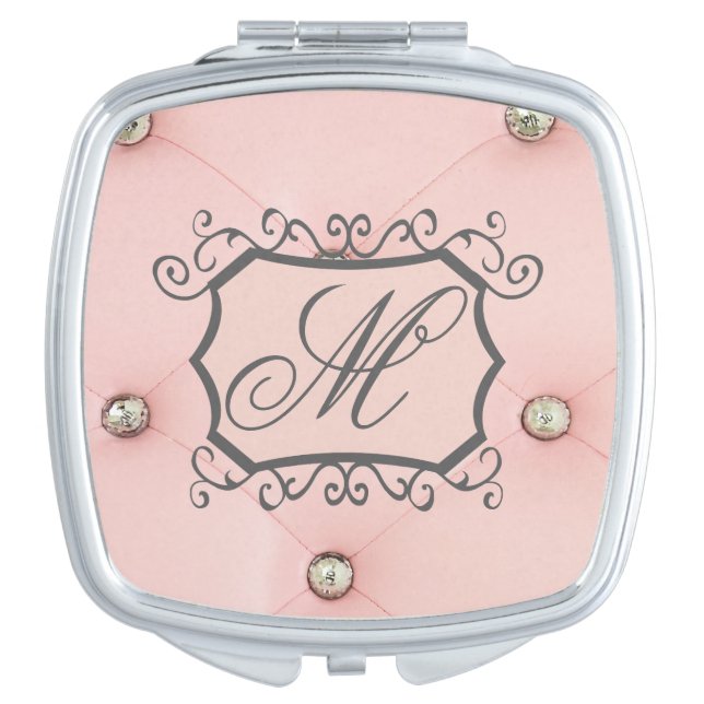Diamond Bling Pink Tufted  Monogram Compact Mirror (Front)