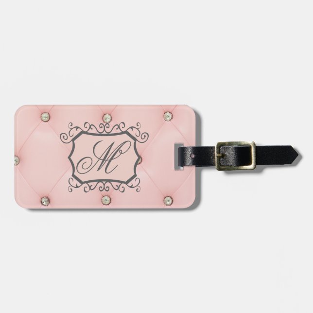 Diamond Bling Pink Tufted Monogram Luggage Tag (Front Horizontal)
