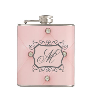 Diamond Bling Pink Tufted Monogram Whiskey Flask