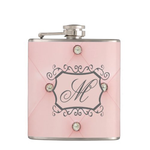 Diamond Bling Pink Tufted Monogram Whiskey Flask